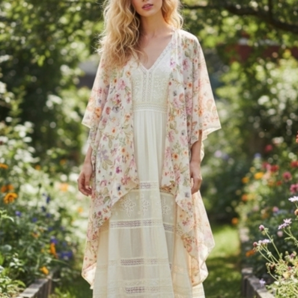 Floral Waterfall Front Semi Sheer Kimono